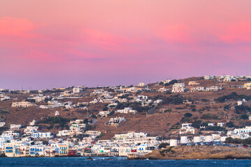 Skyline of Mykonos village at sunset.  Mykonos island. Greece