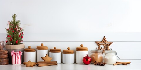 Fototapeta na wymiar Christmas-themed kitchen items, decorations, and treats on a wood surface. Arranged against a white wall with copy space. Concept of cooking in a winter home kitchen.