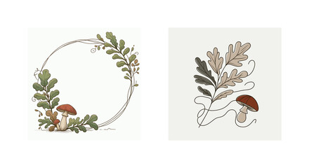 Eco-style designer frame with mushrooms and leaves, for creative and scrapbooking enthusiasts, created in a vector style with empty space for your text