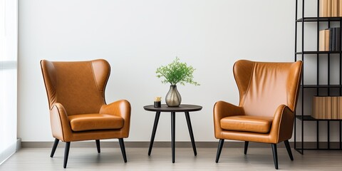Minimalistic leather armchairs and coffee table in elegant office or apartment, with book, agenda or planner in meeting room at business center.