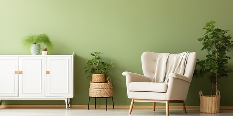 Photo of green armchair in bright, natural living room with macrame hanging above white cupboard