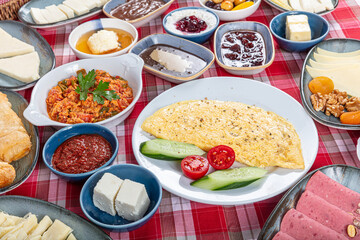 Breakfast table. Traditional Turkish Breakfast Table (Serpme Kahvaltı). Turkish style breakfast. Traditional delicious Turkish breakfast, food concept photo.