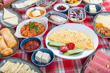 Breakfast table. Traditional Turkish Breakfast Table (Serpme Kahvaltı). Turkish style breakfast. Traditional delicious Turkish breakfast, food concept photo.