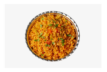 Traditional turkish bulgur pilaf with tomato sause in plate (Turkish name; meyhane pilavi)