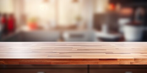 Blurry kitchen counter background with a wooden tabletop.