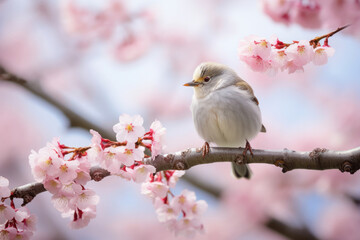 Obraz premium Delicate Shima Enaga bird among cherry blossoms, encapsulated by AI Generative.