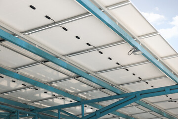 Solar car parking or parking lot at outdoor. Roof canopy covered or construction from solar panel....