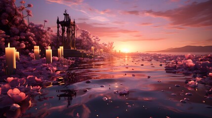 On violet sands, a huge mirror cube standing, many pink roses falling, a magical vanilla sky at sunset - obrazy, fototapety, plakaty