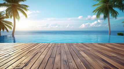 Tranquil wooden deck leads to serene infinite pool, tropical escape, AI Generative. - obrazy, fototapety, plakaty