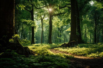 Obraz premium Feel the tranquility of a sunlit woodland where green trees and dappled sunlight paint a serene picture offering a peaceful atmosphere. AI generative.