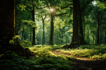 Feel the tranquility of a sunlit woodland where green trees and dappled sunlight paint a serene picture offering a peaceful atmosphere. AI generative.