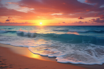 Naklejka na ściany i meble A serene beachscape with a sunset horizon. AI Generative