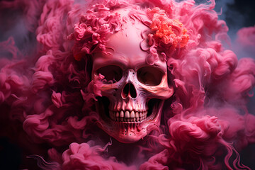 skull in the middle of pink smoke on a black background
