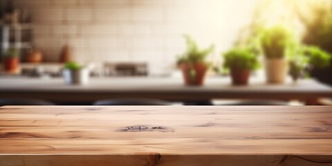 Blurred kitchen bench backdrop with a wooden table.