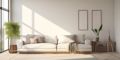 Modern light living room with a sofa, inside.