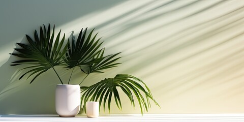 Clean, minimalist background with tropical palm leaf shadow for showcasing a cosmetic product.
