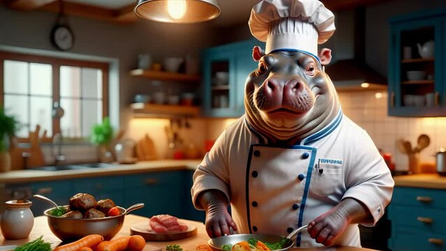 Cheerful Chef Hippopotamus preparing in the kitchen, cyclic rendering
