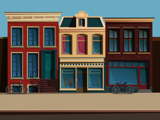 European street with old houses and bicycles, vector illustration