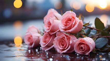 Pink roses light bokeh blue background valentines day - obrazy, fototapety, plakaty