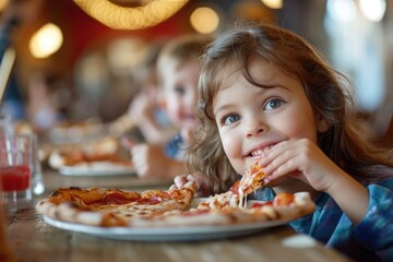 kids eating pizza sitting at a table