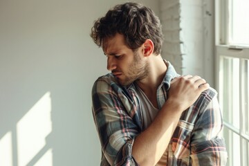 man wearing a shirt touching his shoulder in pain
