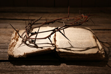 Fototapeta na wymiar Crown of thorns and Bible on wooden table, closeup