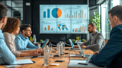 A professional team engaged in a financial analysis meeting, examining various charts and graphs on papers spread on a table..