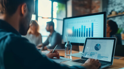 A professional team engaged in a financial analysis meeting, examining various charts and graphs on papers spread on a table.. - Powered by Adobe