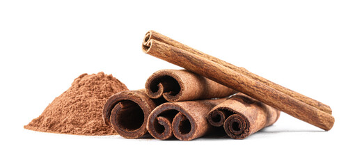 Dry aromatic cinnamon sticks and powder isolated on white
