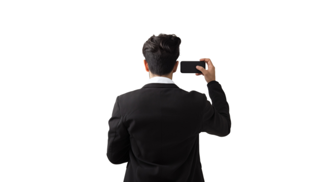 Man taking picture with the phone isolated on white background