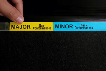 Major versus minor nonconformances in audit findings concept. Human hand picking document in a...