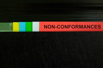 Nonconformances in audit findings concept. Document in a folder binder.