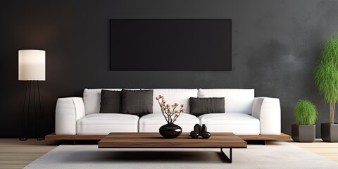 Modern living room with white sofa, wooden table and black carpet