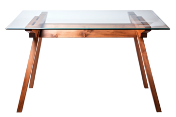 Wooden table with glass tabletop isolated ob transparent background.