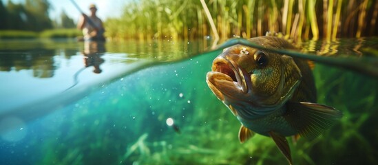 Fishermen catch a large freshwater fish called a bronze bream or carp bream using a fishing rod near green reeds. - Powered by Adobe