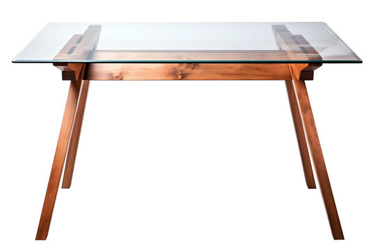 Wooden table with glass tabletop isolated ob transparent background.