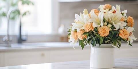 Floral bouquet on kitchen counter with modern white background. Home decor details. Mother's day.