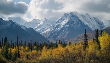 Snowy mountains of Alaska, landscape with forests, valleys, and rivers in daytime. Breathtaking nature composition background wallpaper, travel destination, adventure outdoors