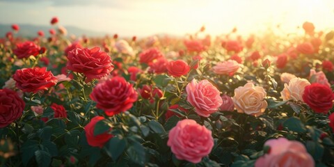 Fototapeta premium Indulge in the Serenity of a Blooming Rose Garden: Witness a Harmonious Fusion of Vibrant Colors and Delicate Petals Bathed in the Tender Glow of Sunlight