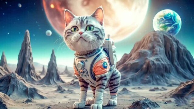 Lonely brave cat walks on the moon, space cat. cyclic video