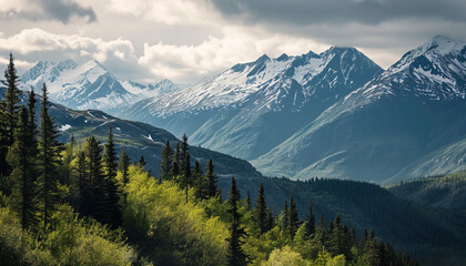 Snowy mountains of Alaska, landscape with forests, valleys, and rivers in daytime. Breathtaking nature composition background wallpaper, travel destination, adventure outdoors