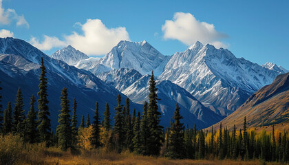 Obraz premium Snowy mountains of Alaska, landscape with forests, valleys, and rivers in daytime. Breathtaking nature composition background wallpaper, travel destination, adventure outdoors