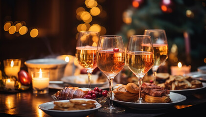 Fototapeta na wymiar Celebration night, wine drink, candlelit gourmet meal, luxury winter party generated by AI