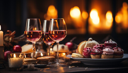 Celebration table candlelight, gourmet food, wineglass, dessert, rustic decoration generated by AI