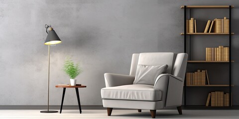 Living room interior with gray sofa, armchair, books, lamp, and copy space.