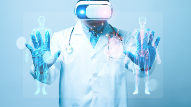 VR concept. In futuristic operating rooms, doctors don VR headsets, immersing themselves in VR surgery simulations, where visualize organs, practice simulated procedures for enhanced surgical training