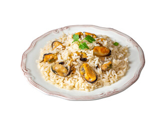 Mussel rice pilaf. Rice with mussels on small white plate on ceramic. (Turkish name; midyeli pilav)