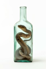 A transparent glass botlle, with a snake inside it
