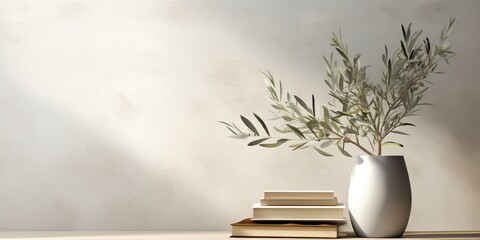 Minimalist Mediterranean-inspired decor. Textured vase with olive tree branches and coffee cup....