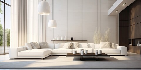 Spacious, luxury living room with a white sofa.